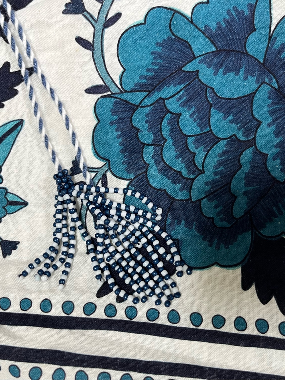 Farm Rio tropical blue white bird floral block print mini dress tassels Resort M - Picture 4 of 9